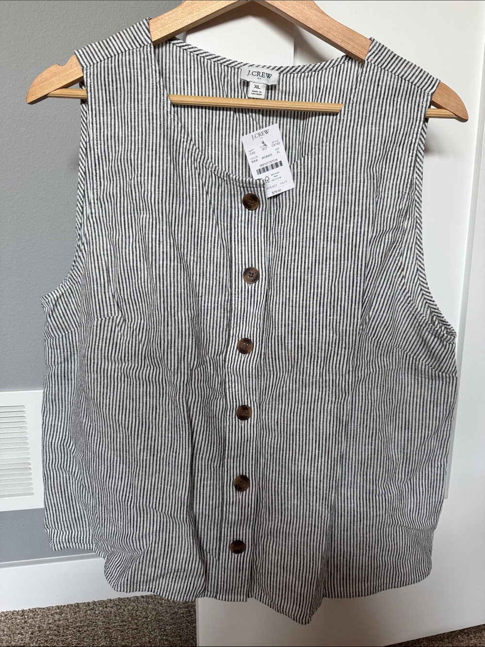 J. Crew Black and White Striped Sleeveless Button-Front Top